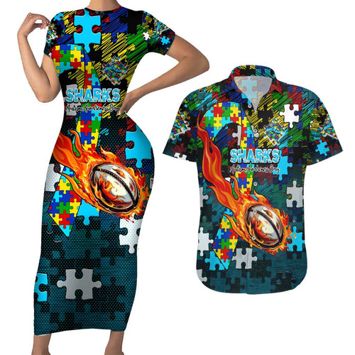 Sharks Autism Awareness Couples Matching Short Sleeve Bodycon Dress and Hawaiian Shirt Puzzle Flames Rugby Ball