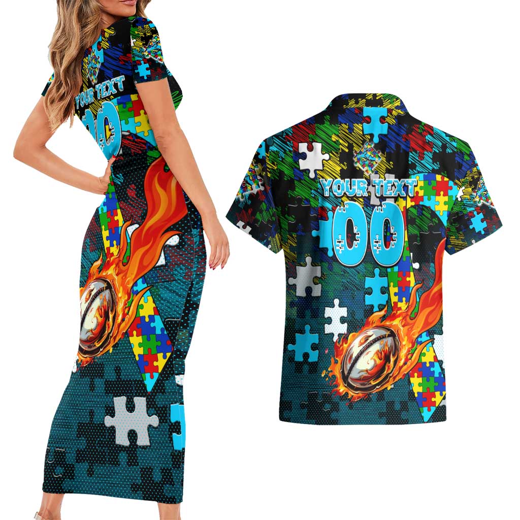 Sharks Autism Awareness Couples Matching Short Sleeve Bodycon Dress and Hawaiian Shirt Puzzle Flames Rugby Ball