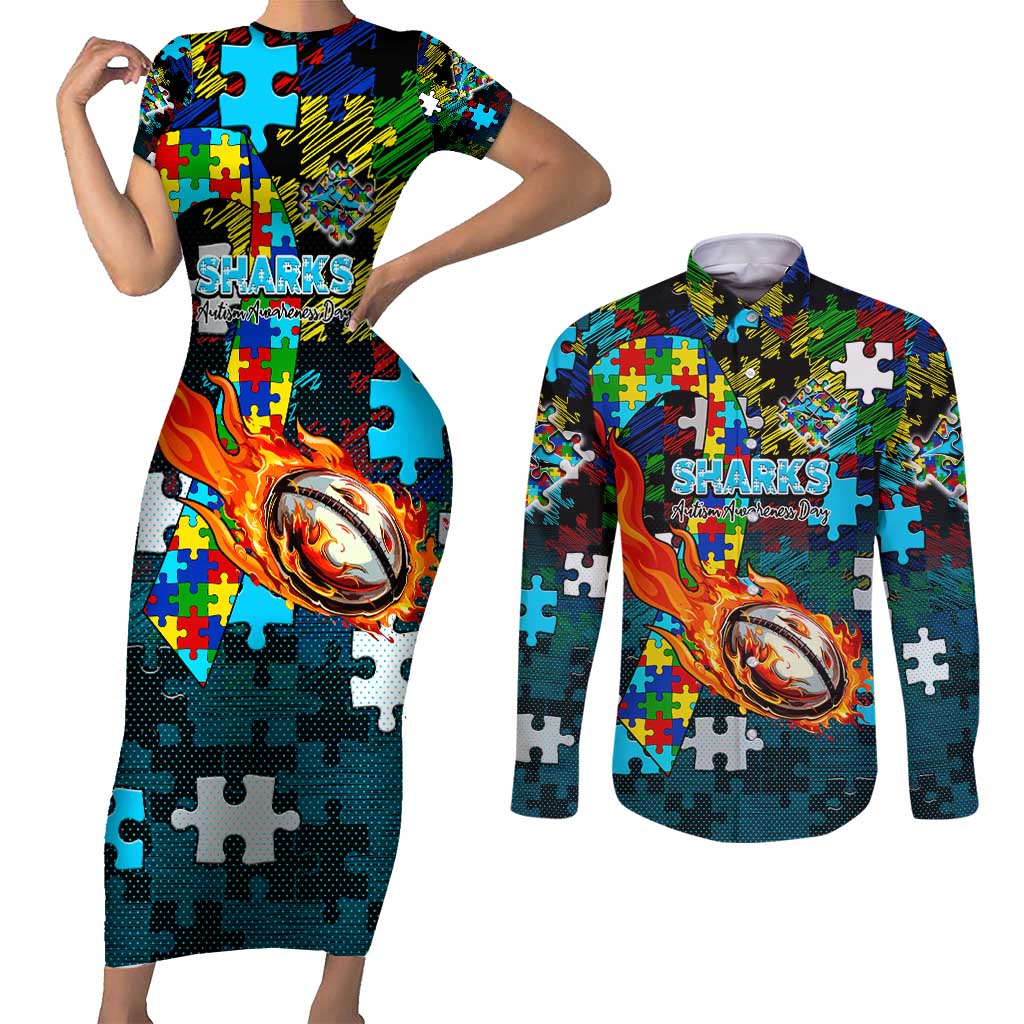 Sharks Autism Awareness Couples Matching Short Sleeve Bodycon Dress and Long Sleeve Button Shirt Puzzle Flames Rugby Ball