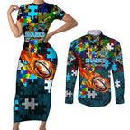 Sharks Autism Awareness Couples Matching Short Sleeve Bodycon Dress and Long Sleeve Button Shirt Puzzle Flames Rugby Ball