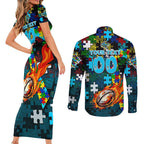 Sharks Autism Awareness Couples Matching Short Sleeve Bodycon Dress and Long Sleeve Button Shirt Puzzle Flames Rugby Ball
