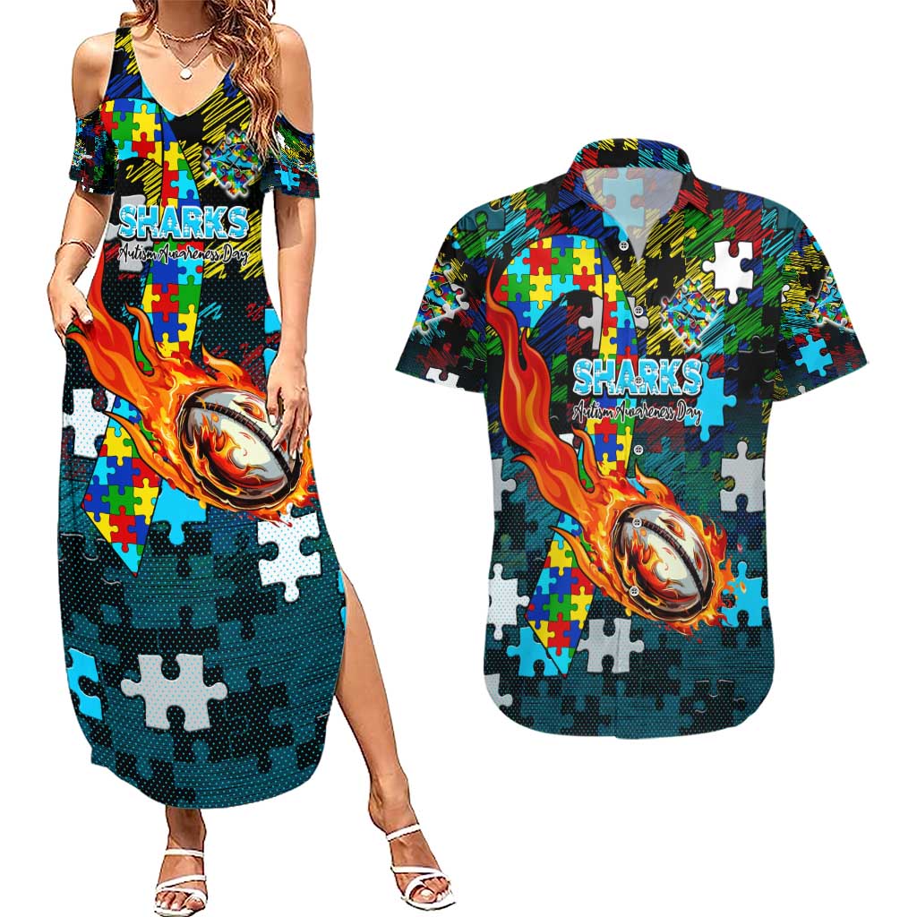 Sharks Autism Awareness Couples Matching Summer Maxi Dress and Hawaiian Shirt Puzzle Flames Rugby Ball