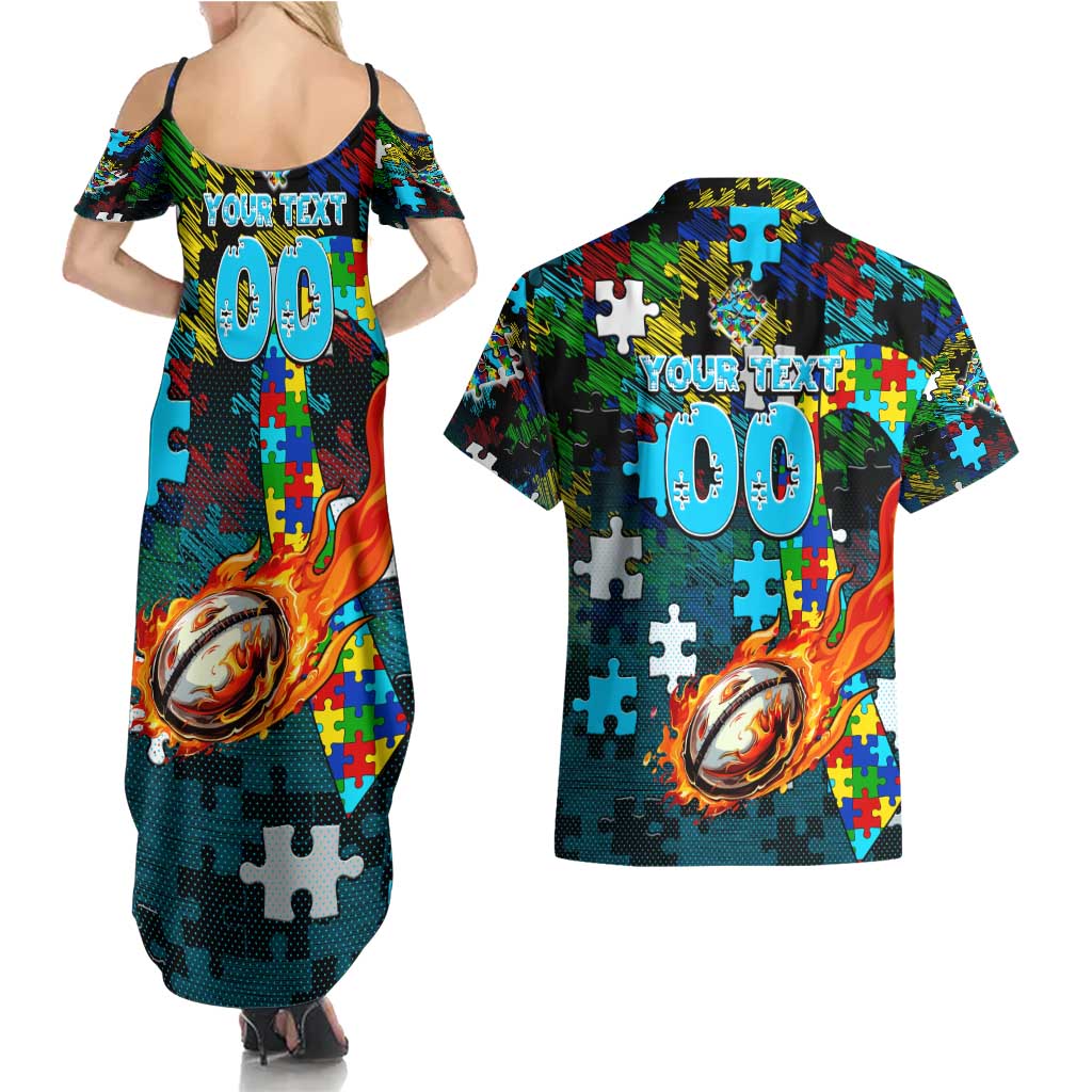 Sharks Autism Awareness Couples Matching Summer Maxi Dress and Hawaiian Shirt Puzzle Flames Rugby Ball