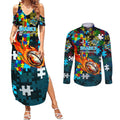 Sharks Autism Awareness Couples Matching Summer Maxi Dress and Long Sleeve Button Shirt Puzzle Flames Rugby Ball
