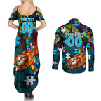 Sharks Autism Awareness Couples Matching Summer Maxi Dress and Long Sleeve Button Shirt Puzzle Flames Rugby Ball