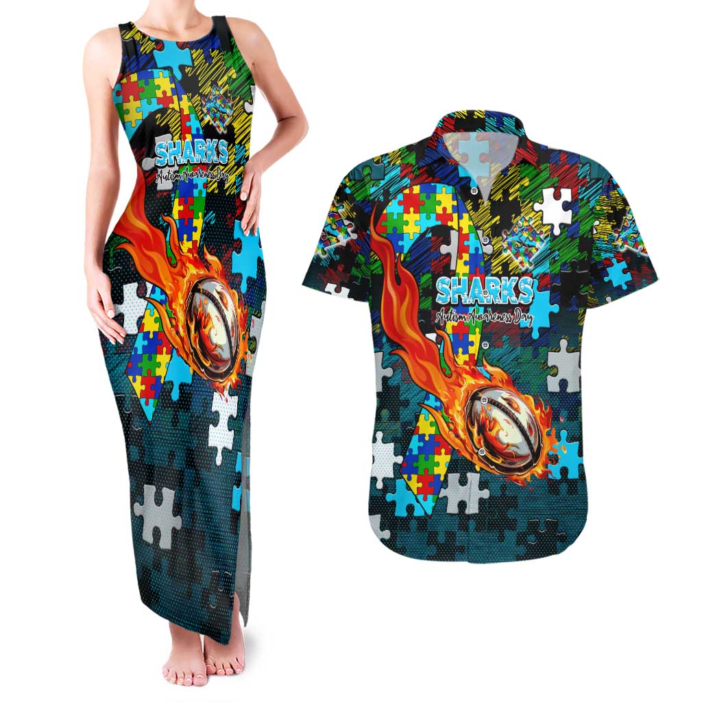 Sharks Autism Awareness Couples Matching Tank Maxi Dress and Hawaiian Shirt Puzzle Flames Rugby Ball