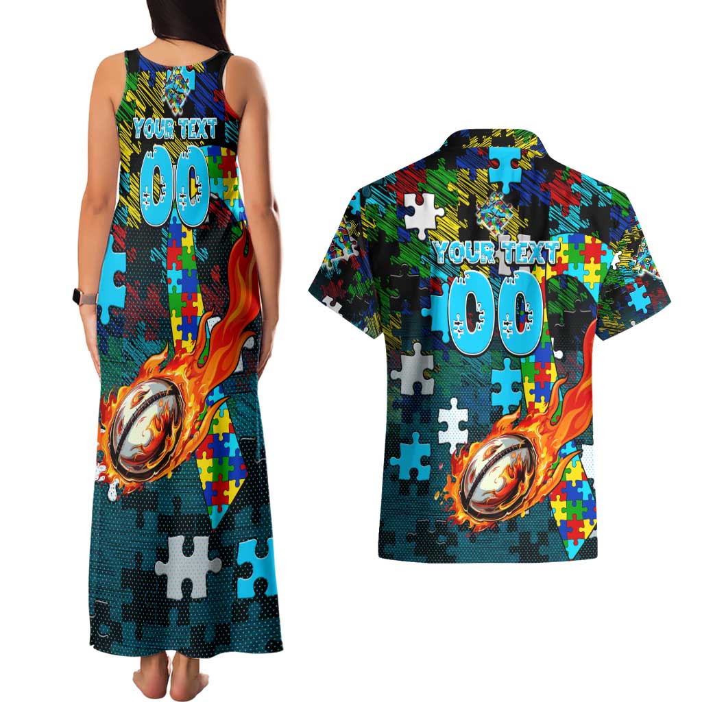 Sharks Autism Awareness Couples Matching Tank Maxi Dress and Hawaiian Shirt Puzzle Flames Rugby Ball