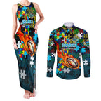 Sharks Autism Awareness Couples Matching Tank Maxi Dress and Long Sleeve Button Shirt Puzzle Flames Rugby Ball