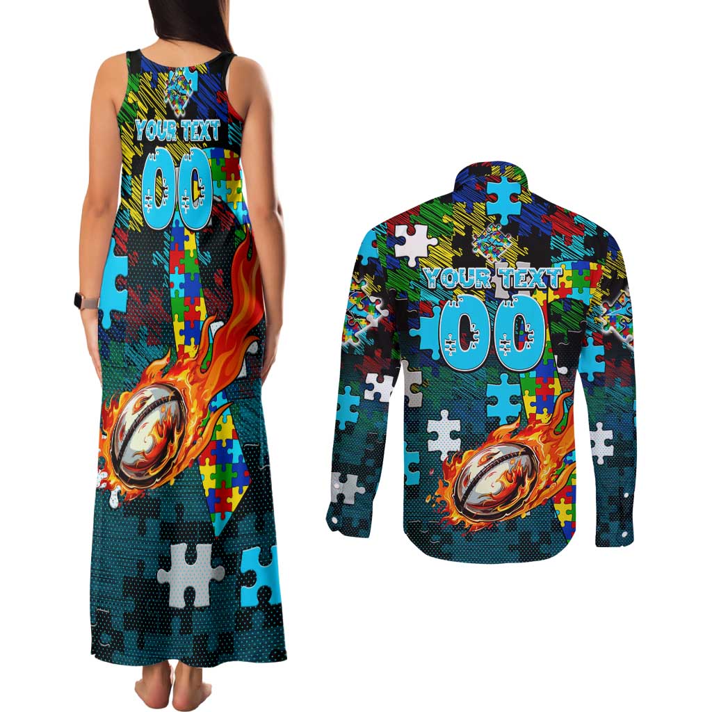 Sharks Autism Awareness Couples Matching Tank Maxi Dress and Long Sleeve Button Shirt Puzzle Flames Rugby Ball