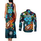 Sharks Autism Awareness Couples Matching Tank Maxi Dress and Long Sleeve Button Shirt Puzzle Flames Rugby Ball