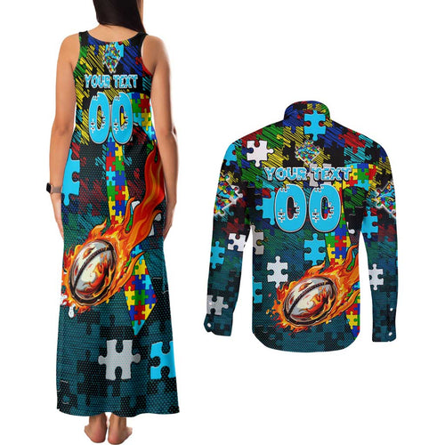 Sharks Autism Awareness Couples Matching Tank Maxi Dress and Long Sleeve Button Shirt Puzzle Flames Rugby Ball