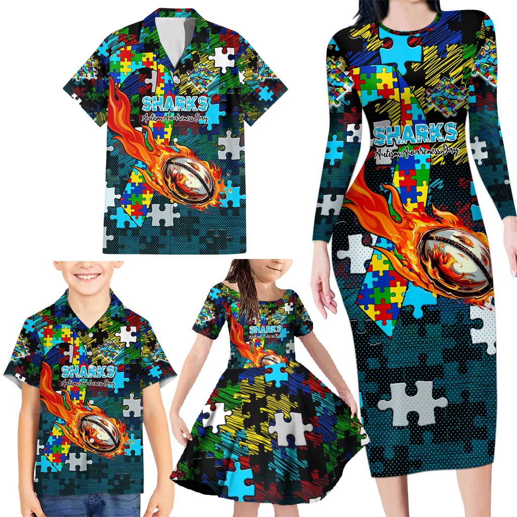 Sharks Autism Awareness Family Matching Long Sleeve Bodycon Dress and Hawaiian Shirt Puzzle Flames Rugby Ball