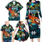 Sharks Autism Awareness Family Matching Long Sleeve Bodycon Dress and Hawaiian Shirt Puzzle Flames Rugby Ball