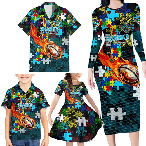 Sharks Autism Awareness Family Matching Long Sleeve Bodycon Dress and Hawaiian Shirt Puzzle Flames Rugby Ball