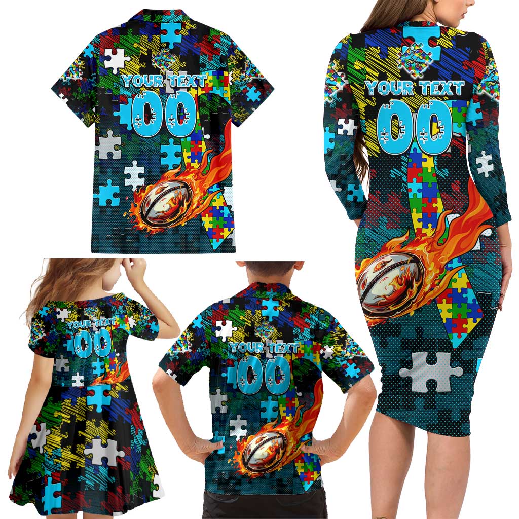 Sharks Autism Awareness Family Matching Long Sleeve Bodycon Dress and Hawaiian Shirt Puzzle Flames Rugby Ball