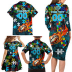 Sharks Autism Awareness Family Matching Long Sleeve Bodycon Dress and Hawaiian Shirt Puzzle Flames Rugby Ball