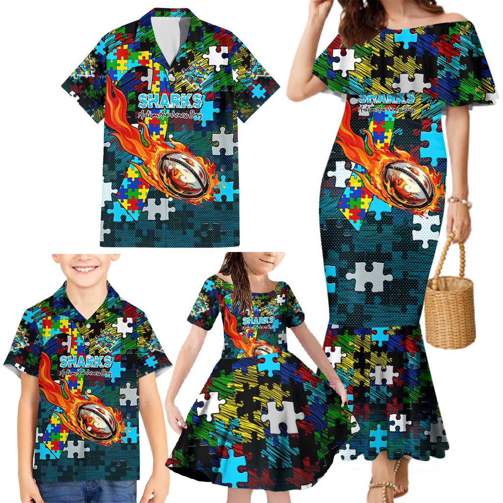 Sharks Autism Awareness Family Matching Mermaid Dress and Hawaiian Shirt Puzzle Flames Rugby Ball