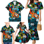 Sharks Autism Awareness Family Matching Mermaid Dress and Hawaiian Shirt Puzzle Flames Rugby Ball