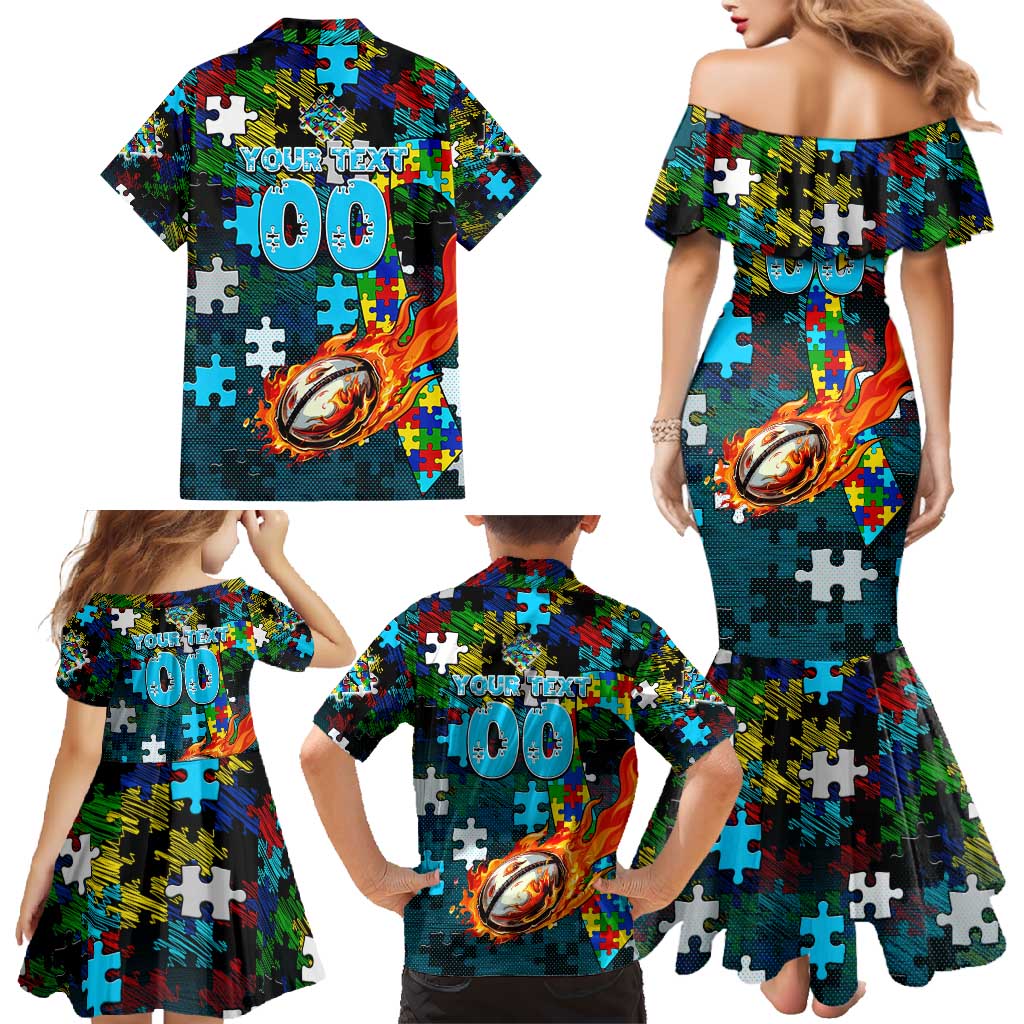 Sharks Autism Awareness Family Matching Mermaid Dress and Hawaiian Shirt Puzzle Flames Rugby Ball