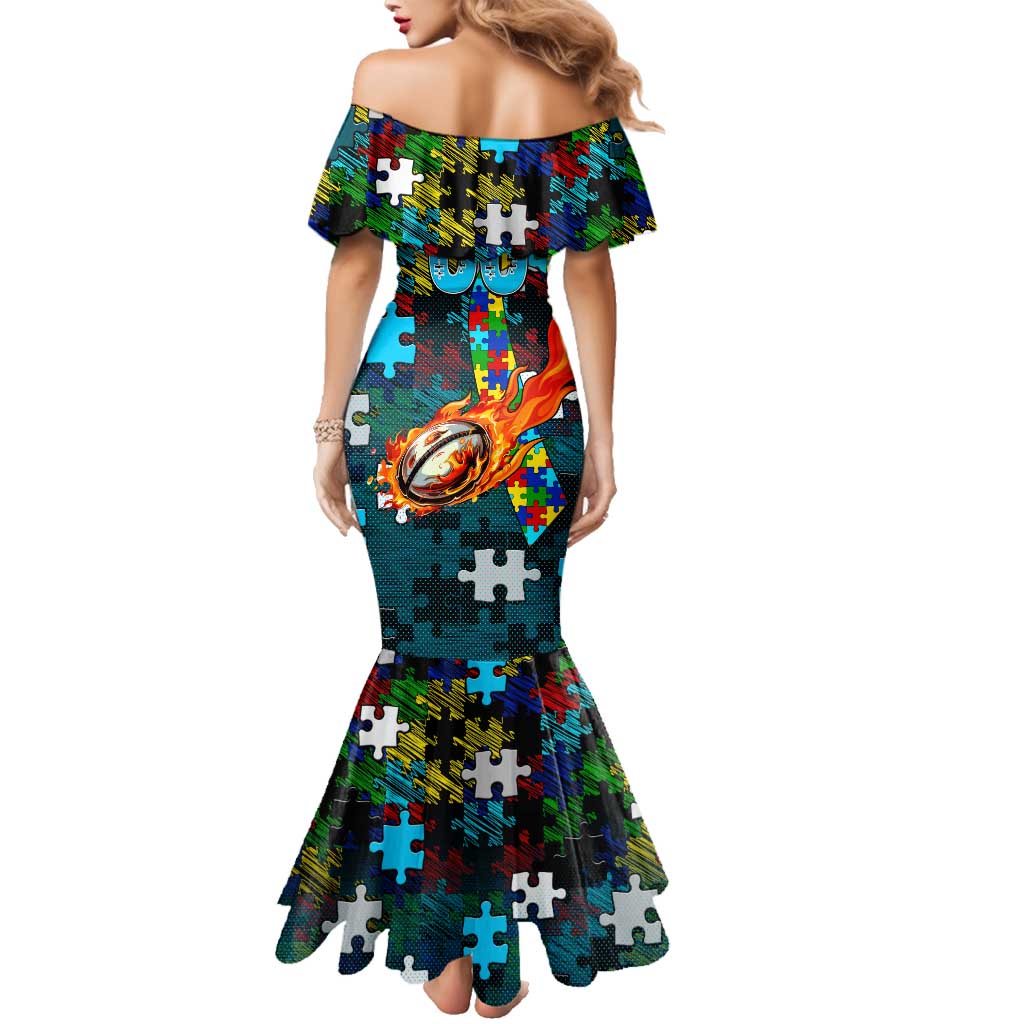 Sharks Autism Awareness Family Matching Mermaid Dress and Hawaiian Shirt Puzzle Flames Rugby Ball