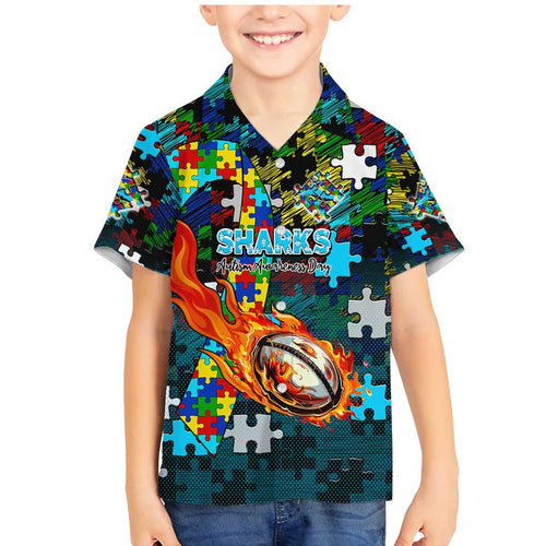 Sharks Autism Awareness Family Matching Mermaid Dress and Hawaiian Shirt Puzzle Flames Rugby Ball