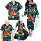 Sharks Autism Awareness Family Matching Off The Shoulder Long Sleeve Dress and Hawaiian Shirt Puzzle Flames Rugby Ball