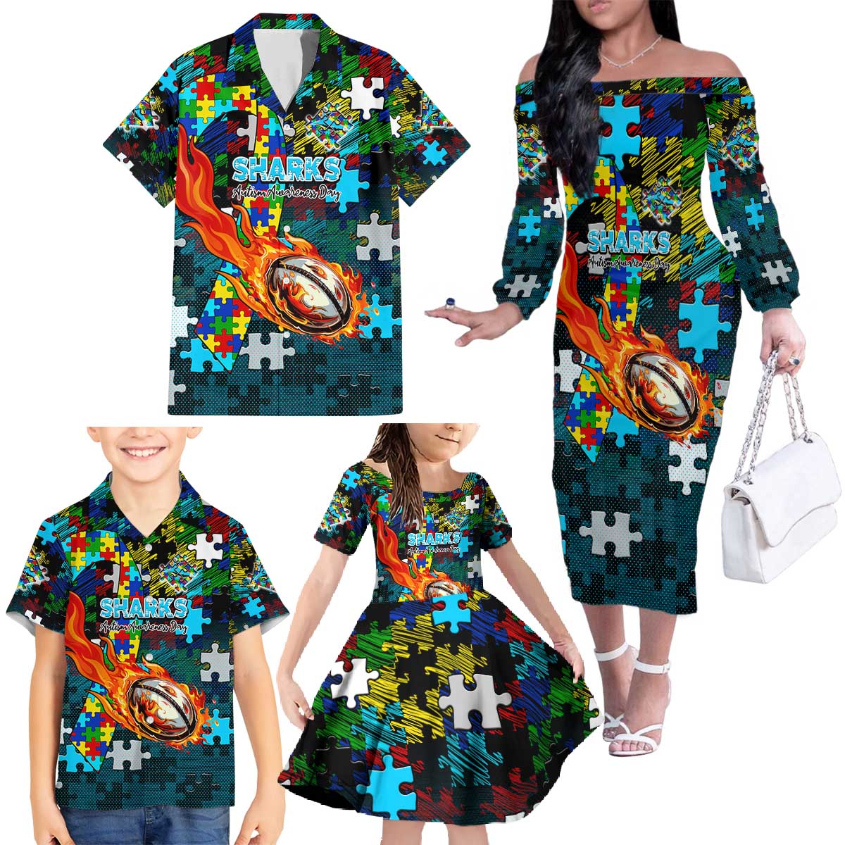 Sharks Autism Awareness Family Matching Off The Shoulder Long Sleeve Dress and Hawaiian Shirt Puzzle Flames Rugby Ball