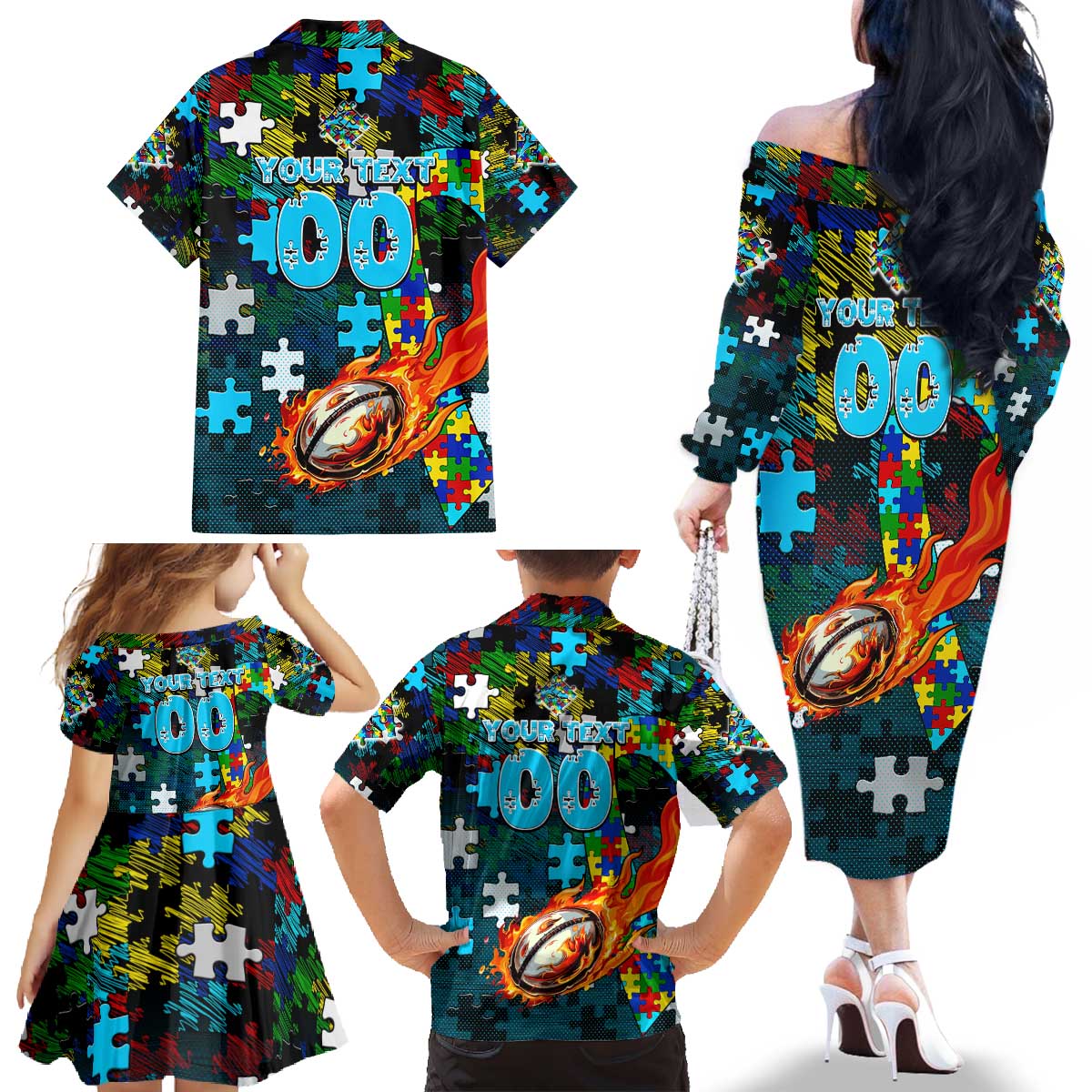 Sharks Autism Awareness Family Matching Off The Shoulder Long Sleeve Dress and Hawaiian Shirt Puzzle Flames Rugby Ball