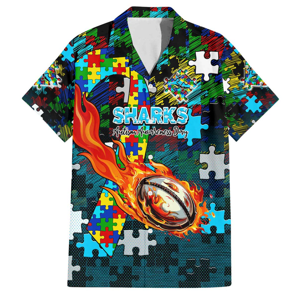Sharks Autism Awareness Family Matching Off The Shoulder Long Sleeve Dress and Hawaiian Shirt Puzzle Flames Rugby Ball