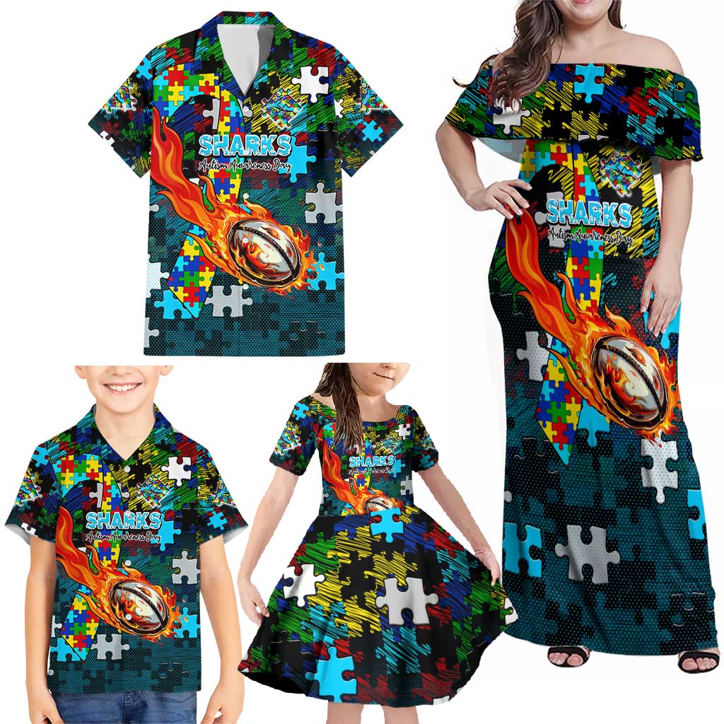 Sharks Autism Awareness Family Matching Off Shoulder Maxi Dress and Hawaiian Shirt Puzzle Flames Rugby Ball