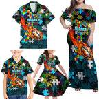 Sharks Autism Awareness Family Matching Off Shoulder Maxi Dress and Hawaiian Shirt Puzzle Flames Rugby Ball