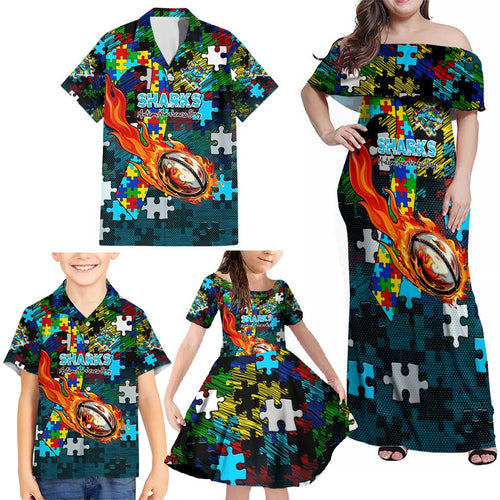 Sharks Autism Awareness Family Matching Off Shoulder Maxi Dress and Hawaiian Shirt Puzzle Flames Rugby Ball