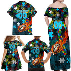 Sharks Autism Awareness Family Matching Off Shoulder Maxi Dress and Hawaiian Shirt Puzzle Flames Rugby Ball