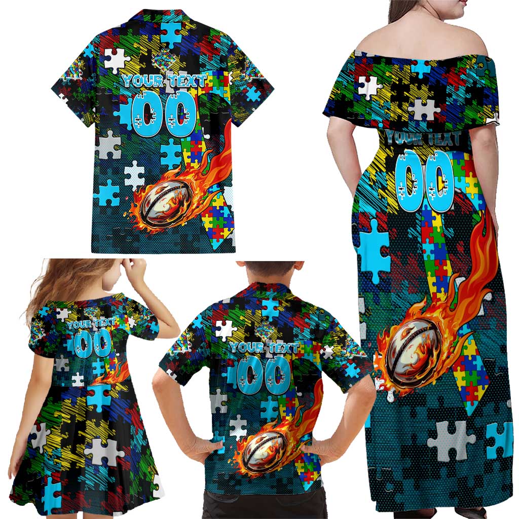 Sharks Autism Awareness Family Matching Off Shoulder Maxi Dress and Hawaiian Shirt Puzzle Flames Rugby Ball