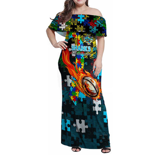 Sharks Autism Awareness Family Matching Off Shoulder Maxi Dress and Hawaiian Shirt Puzzle Flames Rugby Ball