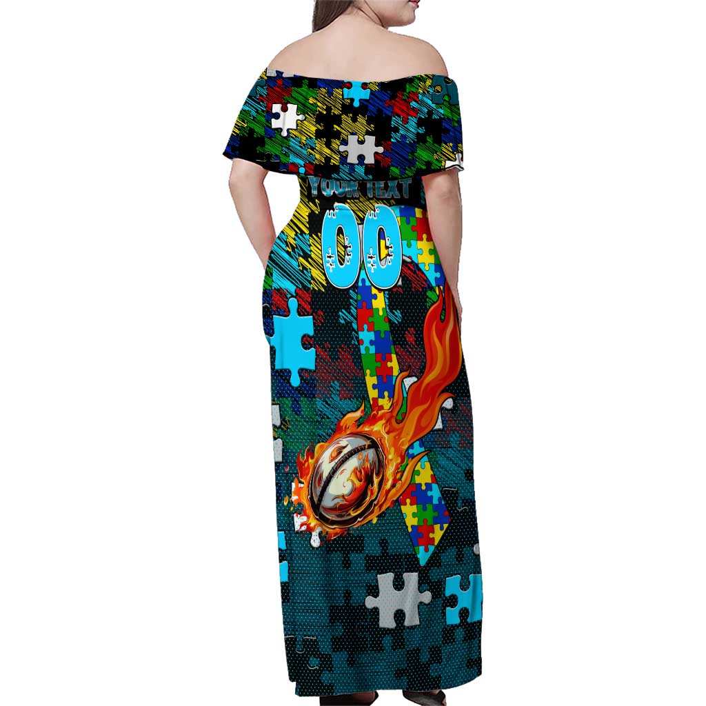 Sharks Autism Awareness Family Matching Off Shoulder Maxi Dress and Hawaiian Shirt Puzzle Flames Rugby Ball