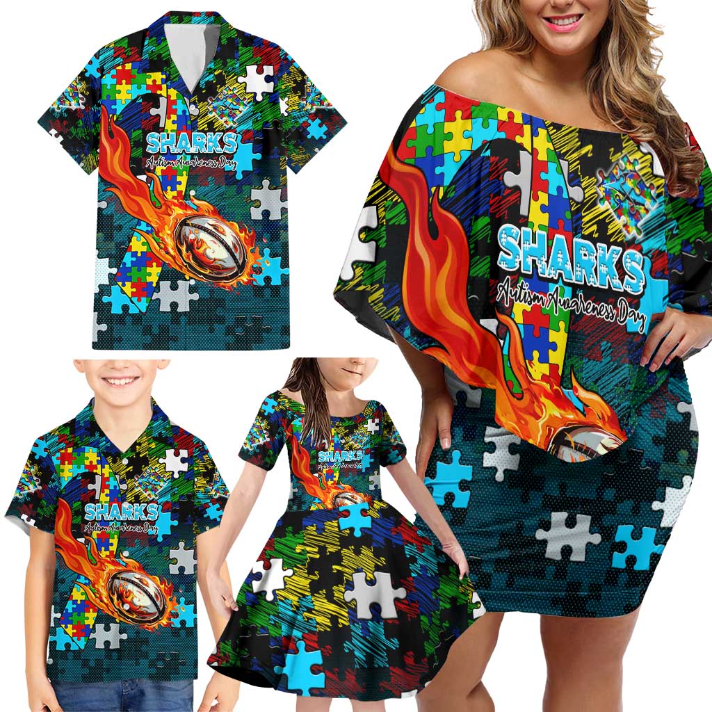 Sharks Autism Awareness Family Matching Off Shoulder Short Dress and Hawaiian Shirt Puzzle Flames Rugby Ball