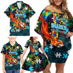 Sharks Autism Awareness Family Matching Off Shoulder Short Dress and Hawaiian Shirt Puzzle Flames Rugby Ball