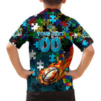 Sharks Autism Awareness Family Matching Off Shoulder Short Dress and Hawaiian Shirt Puzzle Flames Rugby Ball