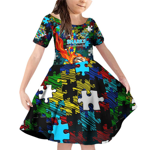 Sharks Autism Awareness Family Matching Off Shoulder Short Dress and Hawaiian Shirt Puzzle Flames Rugby Ball
