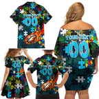 Sharks Autism Awareness Family Matching Off Shoulder Short Dress and Hawaiian Shirt Puzzle Flames Rugby Ball