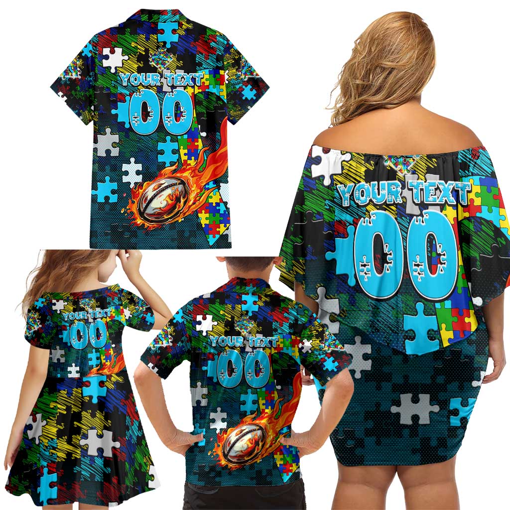 Sharks Autism Awareness Family Matching Off Shoulder Short Dress and Hawaiian Shirt Puzzle Flames Rugby Ball