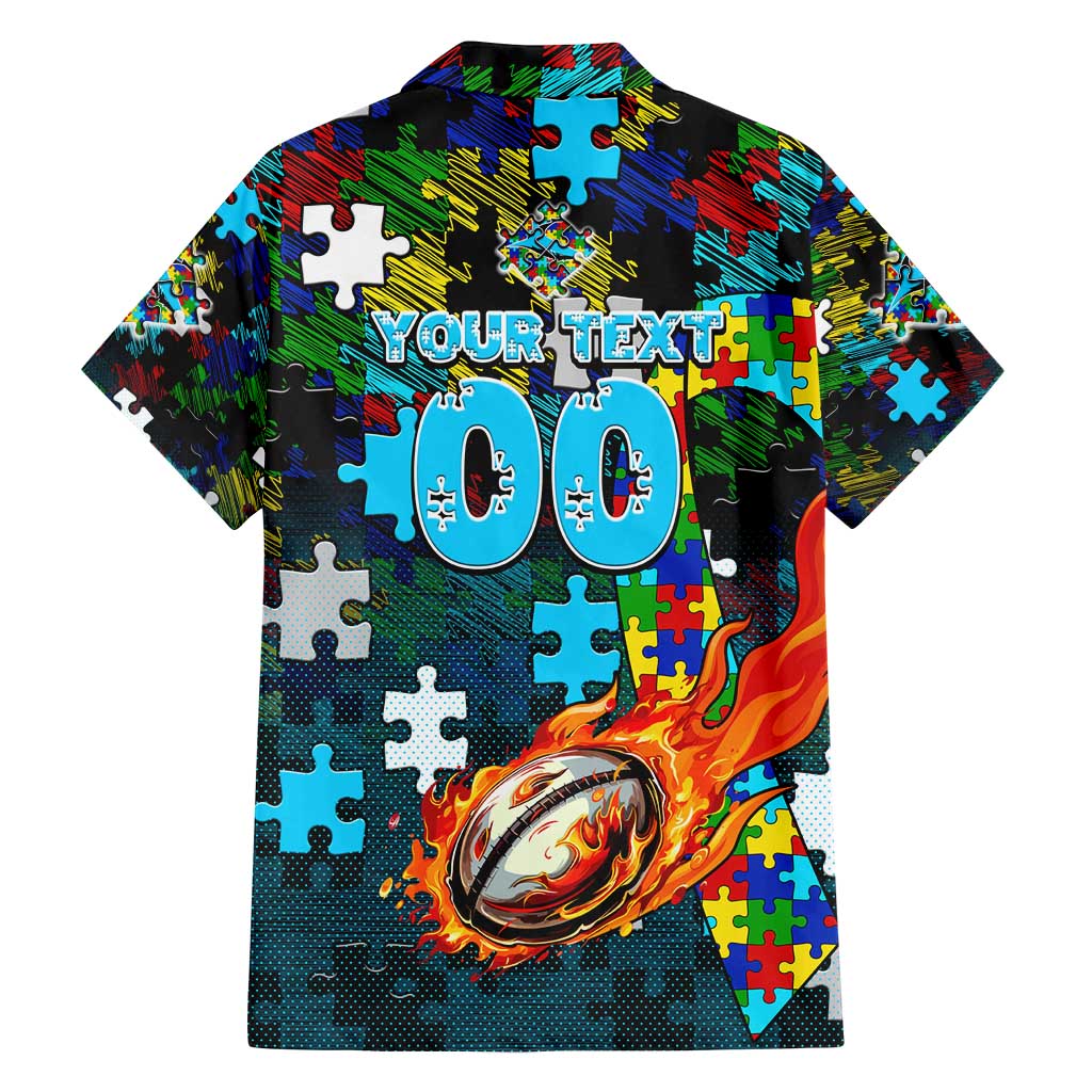 Sharks Autism Awareness Family Matching Off Shoulder Short Dress and Hawaiian Shirt Puzzle Flames Rugby Ball