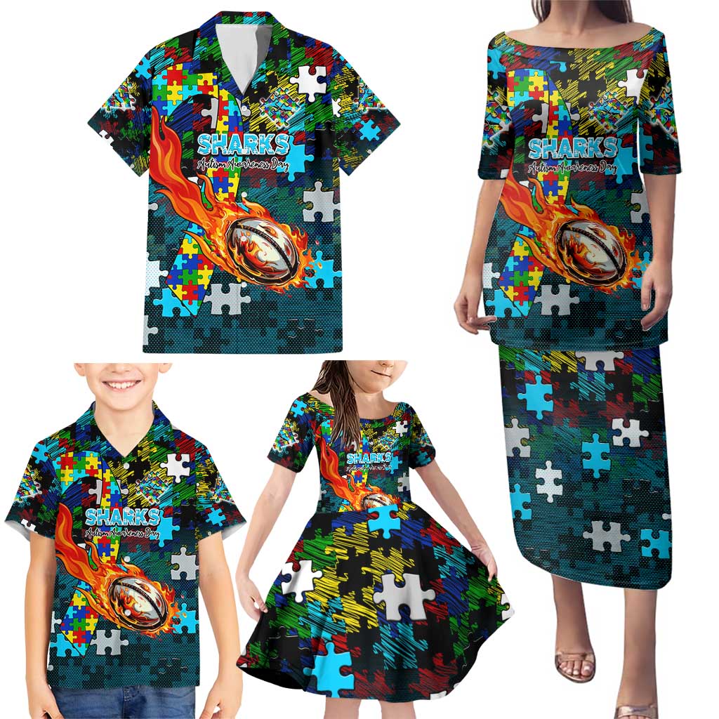 Sharks Autism Awareness Family Matching Puletasi and Hawaiian Shirt Puzzle Flames Rugby Ball