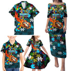 Sharks Autism Awareness Family Matching Puletasi and Hawaiian Shirt Puzzle Flames Rugby Ball