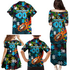 Sharks Autism Awareness Family Matching Puletasi and Hawaiian Shirt Puzzle Flames Rugby Ball