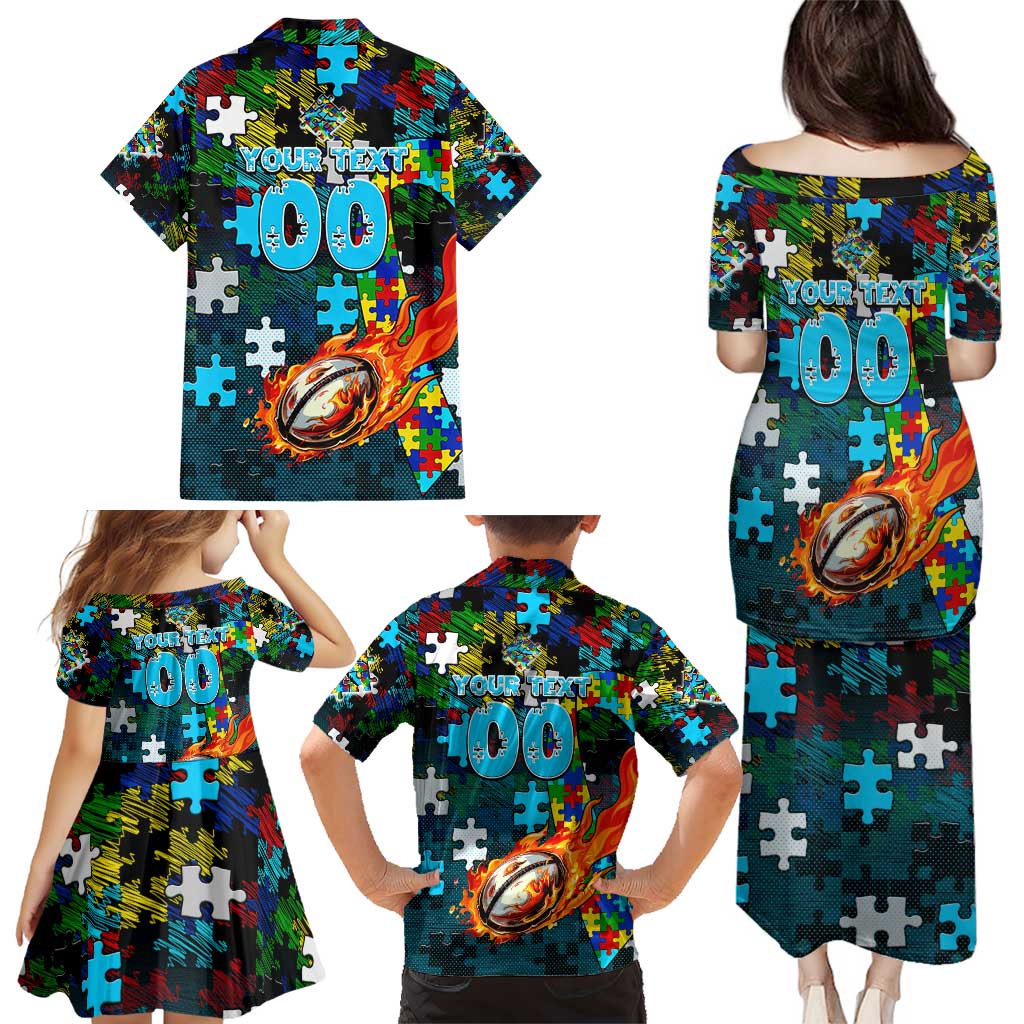 Sharks Autism Awareness Family Matching Puletasi and Hawaiian Shirt Puzzle Flames Rugby Ball