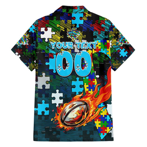 Sharks Autism Awareness Family Matching Puletasi and Hawaiian Shirt Puzzle Flames Rugby Ball