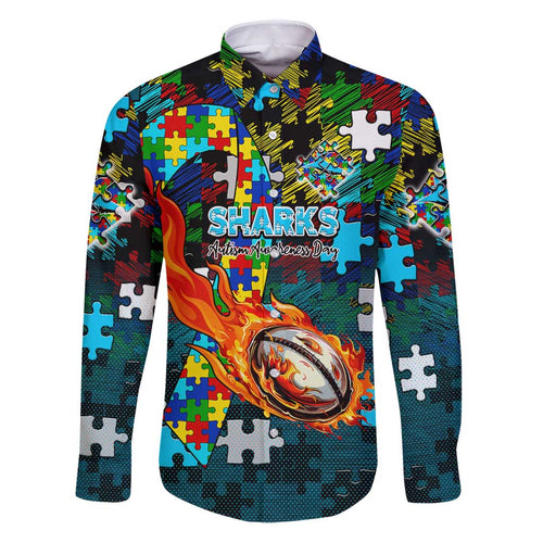 Sharks Autism Awareness Family Matching Puletasi and Hawaiian Shirt Puzzle Flames Rugby Ball