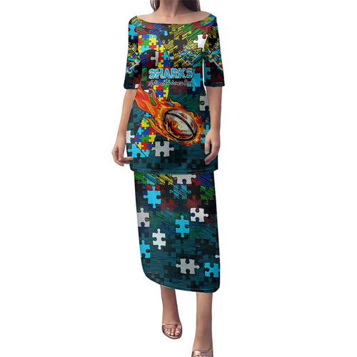 Sharks Autism Awareness Family Matching Puletasi and Hawaiian Shirt Puzzle Flames Rugby Ball